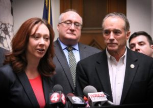 Niagara County Legislator Rebecca Wydysh, R-Lewiston, speaks to reporters in this file photo. She is joined in the photo by U.S. Rep. Chris Collins, R-Clarence, a prominent opponent of Gov. Andrew M. Cuomo's SAFE Act gun control law.